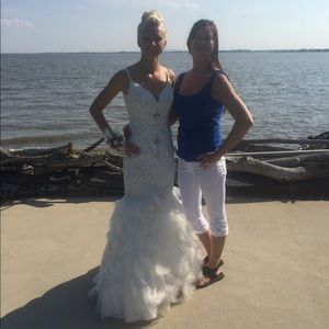 White, feathered, Beaded prom dress